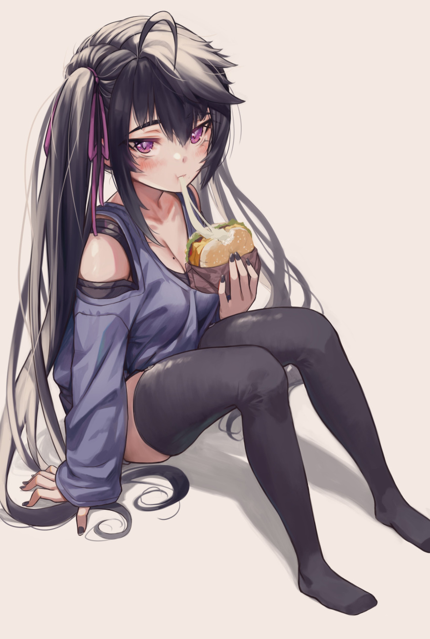 1girl :t absurdres ahoge arm_support black_bra black_hair black_legwear black_nails blue_skirt blush bra breasts cheese_trail cleavage commentary_request eating fingernails food genshin_impact hair_ribbon hamburger highres holding holding_food knees_up long_hair long_sleeves looking_at_viewer medium_breasts mole mole_on_breast mona_(genshin_impact) nail_polish no_shoes purple_eyes purple_ribbon ribbon sidelocks sitting skirt solo thighhighs torriet twintails underwear very_long_hair