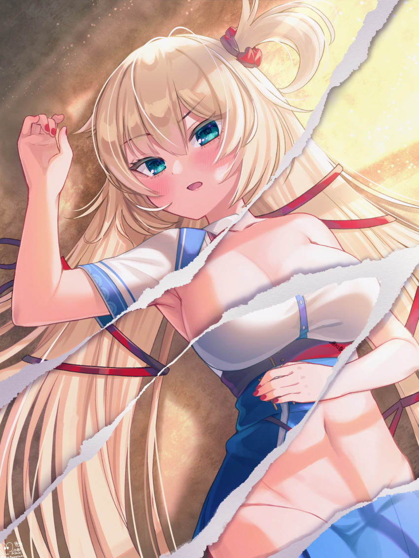 1girl akai_haato aqua_eyes arm_up blonde_hair blue_skirt blush breasts commentary_request eyebrows_visible_through_hair fingernails hair_ornament hair_ribbon hand_on_own_stomach heart heart_hair_ornament high-waist_skirt highres hololive large_breasts long_hair looking_at_viewer lying magowasabi midriff nail_polish navel on_back one_side_up open_mouth page_tear red_nails red_ribbon revealing_layer ribbon shirt signature skirt solo twintails twitter_username very_long_hair virtual_youtuber white_shirt x-ray_vision