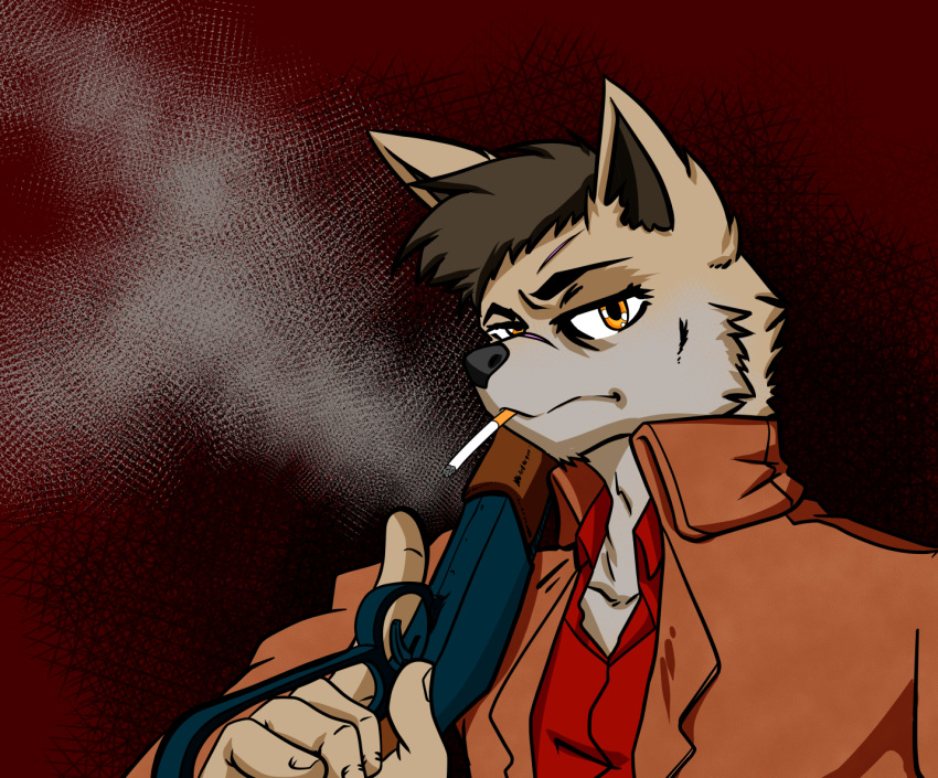 anthro canid canine canis cigarette cigarette_in_mouth cigarette_smoke clothed clothing coyote ditzz gun lever_action lever_action_rifle male mammal ranged_weapon scar simple_background weapon