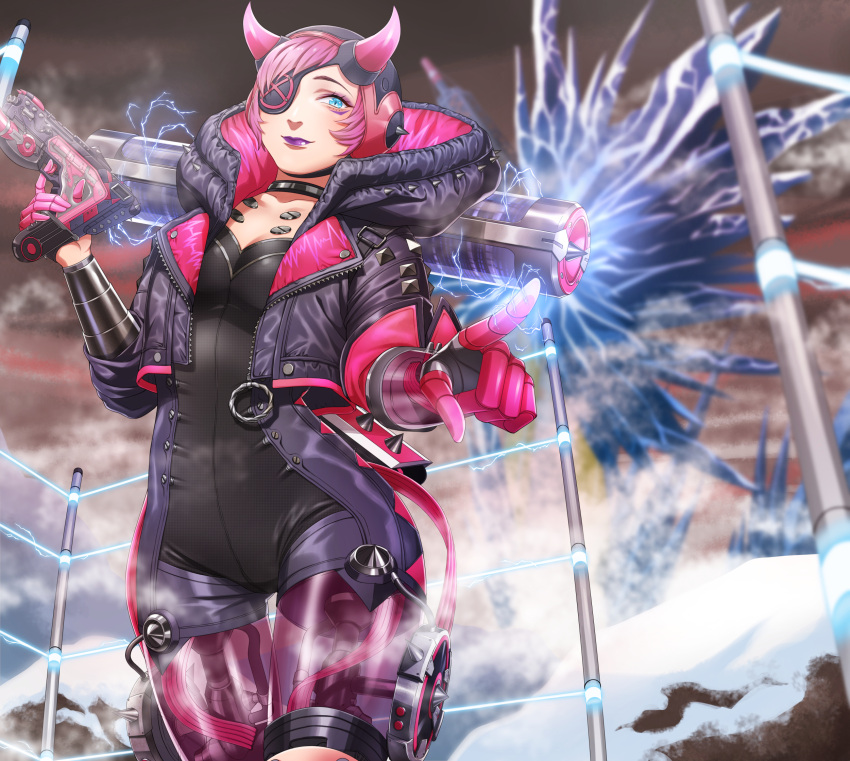 1girl alternator apex_legends black_bodysuit black_headwear black_jacket blue_eyes bodysuit breasts cleavage crystal cyber_punked_wattson cyberpunk electricity eyepatch fence gun highres holding holding_gun holding_weapon horns jacket lipstick looking_down makeup mechanical_arms mechanical_legs one_eye_covered pink_hair pointing purple_lips single_mechanical_arm smile solo sumino_akasuke wattson_(apex_legends) weapon