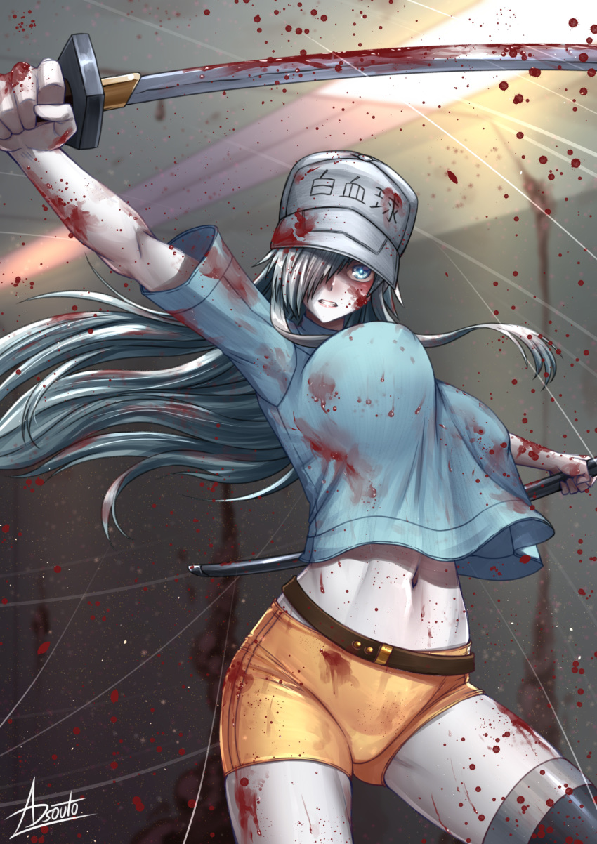 1girl adsouto baseball_cap belt black_legwear blood blood_on_face bloody_clothes bloody_weapon blue_eyes blue_shirt bouncing_breasts breasts brown_belt clenched_teeth fighting floating_hair hair_over_one_eye hat hataraku_saibou hataraku_saibou_black highres holding holding_sheath holding_sword holding_weapon katana large_breasts long_hair looking_at_viewer midriff navel sheath shirt short_shorts short_sleeves shorts signature silver_hair solo stomach sword t-shirt teeth thighhighs u-1196 very_long_hair weapon white_headwear yellow_shorts