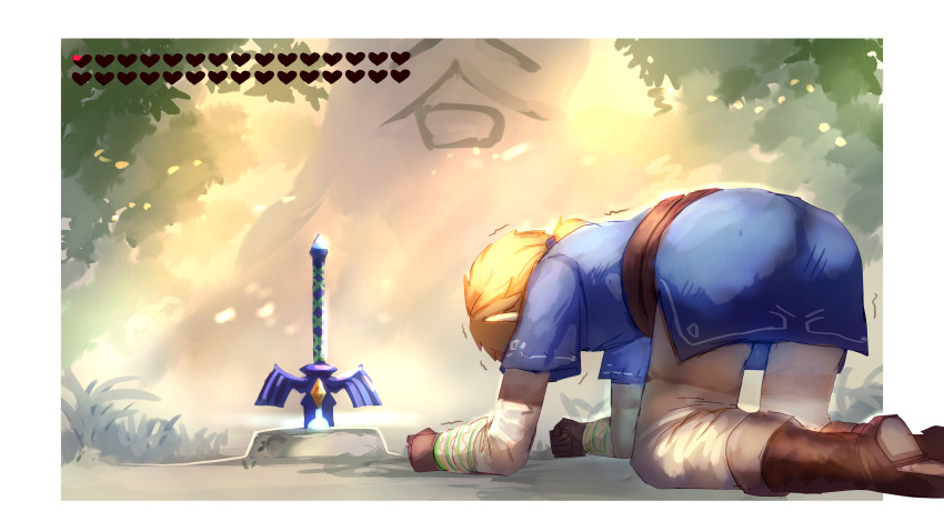 1boy absurdres all_fours blonde_hair boots despair health_bar heart highres link master_sword orz pants planted_weapon pointy_ears shiburingaru the_legend_of_zelda the_legend_of_zelda:_breath_of_the_wild weapon