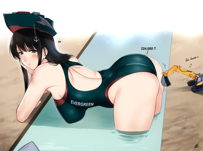 1girl breasts canal ever_given_(evergreen) excavator giant giantess green_eyes green_swimsuit highres original personification stuck swimsuit xter