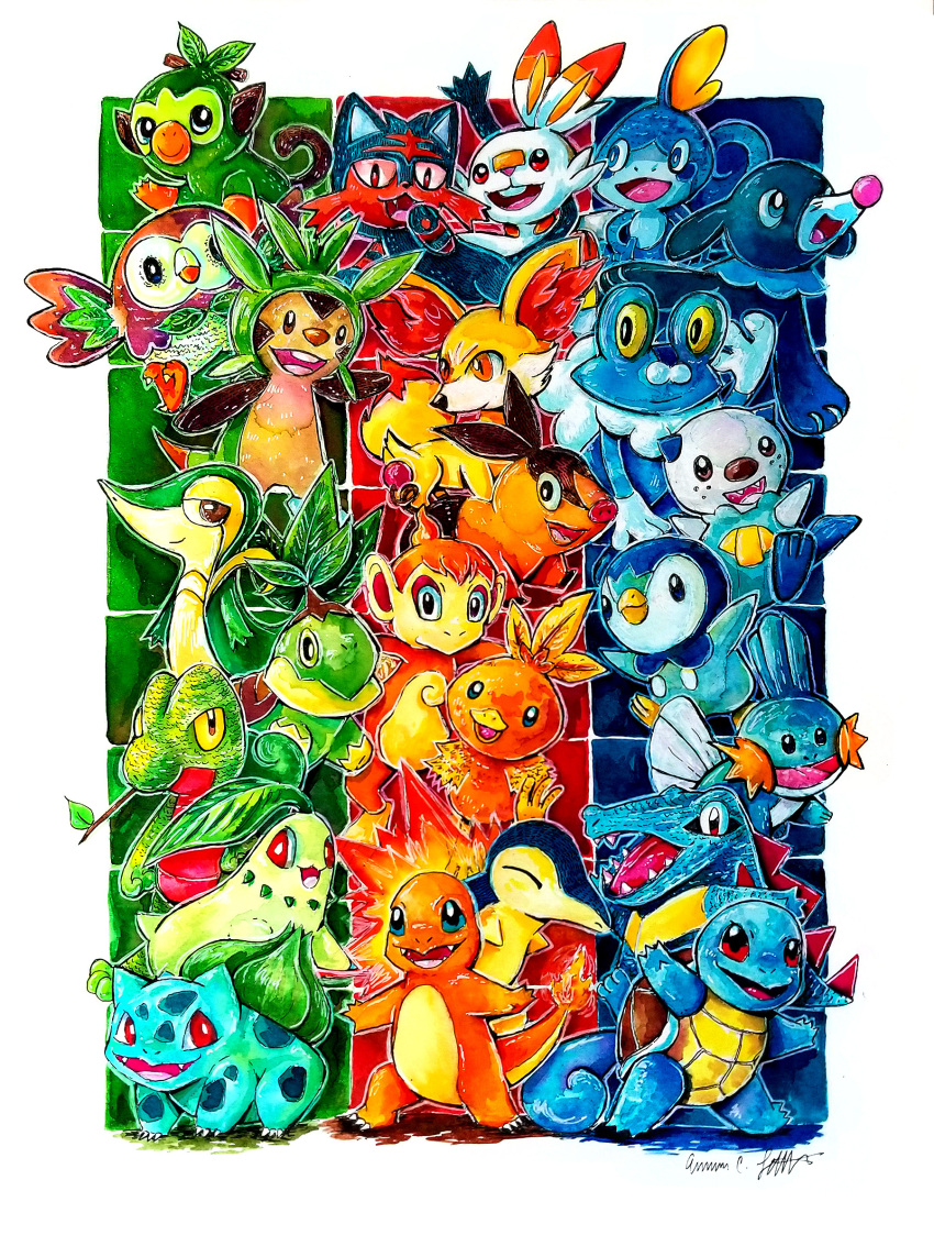 2020 3:4 absurd_res ambiguous_gender anthro biped black_body black_eyes black_fur blue_eyes border brown_eyes bulbasaur charmander chespin chikorita chimchar cyndaquil discombobble fennekin feral froakie fur grookey group hi_res large_group litten mudkip nintendo open_mouth open_smile oshawott painting_(artwork) piplup plantigrade pok&eacute;mon pok&eacute;mon_(species) popplio red_body red_eyes red_fur rowlet scorbunny smile snivy sobble squirtle starter_trio tepig torchic totodile traditional_media_(artwork) treecko turtwig video_games watercolor_(artwork) white_body white_border white_fur yellow_body yellow_eyes yellow_fur