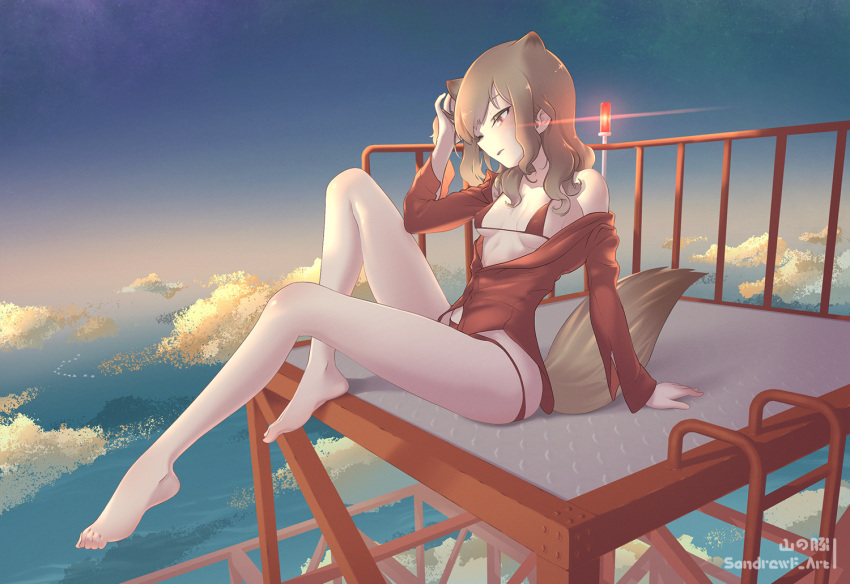 1girl animal_ears barefoot bed blush bra breasts brown_eyes brown_hair cloud covered_nipples feet fernandia_malvezzi on_bed open_mouth panties red_bra red_panties red_shirt sandrewf shiny shiny_hair shirt sitting sky small_breasts solo squirrel_ears squirrel_tail strike_witches tail underwear world_witches_series