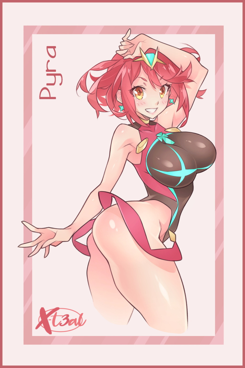 1girl absurdres arm_up armpits breasts character_name cropped_legs earrings highleg highleg_swimsuit highres jewelry large_breasts looking_at_viewer one-piece_swimsuit pyra_(pro_swimmer)_(xenoblade) pyra_(xenoblade) red_hair short_hair smile solo swimsuit tiara x-teal2 xenoblade_chronicles_(series) xenoblade_chronicles_2 yellow_eyes