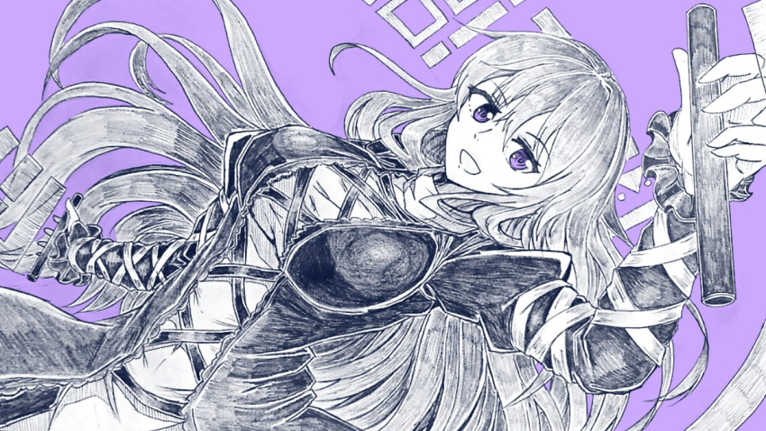 1girl :d bangs breasts cross-laced_clothes dress dutch_angle eyebrows_visible_through_hair greyscale gurajio hair_between_eyes hijiri_byakuren holding holding_scroll large_breasts layered_dress long_hair long_sleeves looking_at_viewer monochrome open_mouth purple_background purple_eyes scroll simple_background smile solo sorcerer's_sutra_scroll touhou
