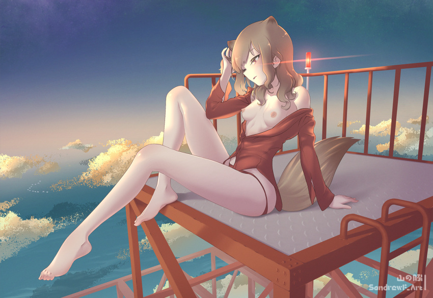 1girl animal_ears barefoot bed blush breasts brown_eyes brown_hair cloud feet fernandia_malvezzi nipples no_bra on_bed open_mouth panties red_panties red_shirt sandrewf shiny shiny_hair shirt sitting sky small_breasts solo squirrel_ears squirrel_tail strike_witches tail underwear world_witches_series