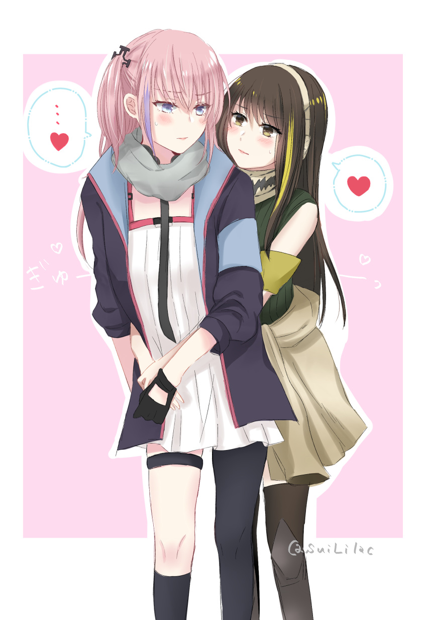 2girls absurdres asymmetrical_legwear black_gloves black_legwear blue_eyes blush breasts brown_hair eyebrows_visible_through_hair girls_frontline gloves gradient_hair green_hair hair_between_eyes heart highres hug hug_from_behind long_hair m4a1_(girls_frontline) mismatched_legwear multicolored_hair multiple_girls pink_hair purple_hair single_thighhigh small_breasts speech_bubble spoken_heart st_ar-15_(girls_frontline) sui_(camellia) thighhighs twitter_username yuri