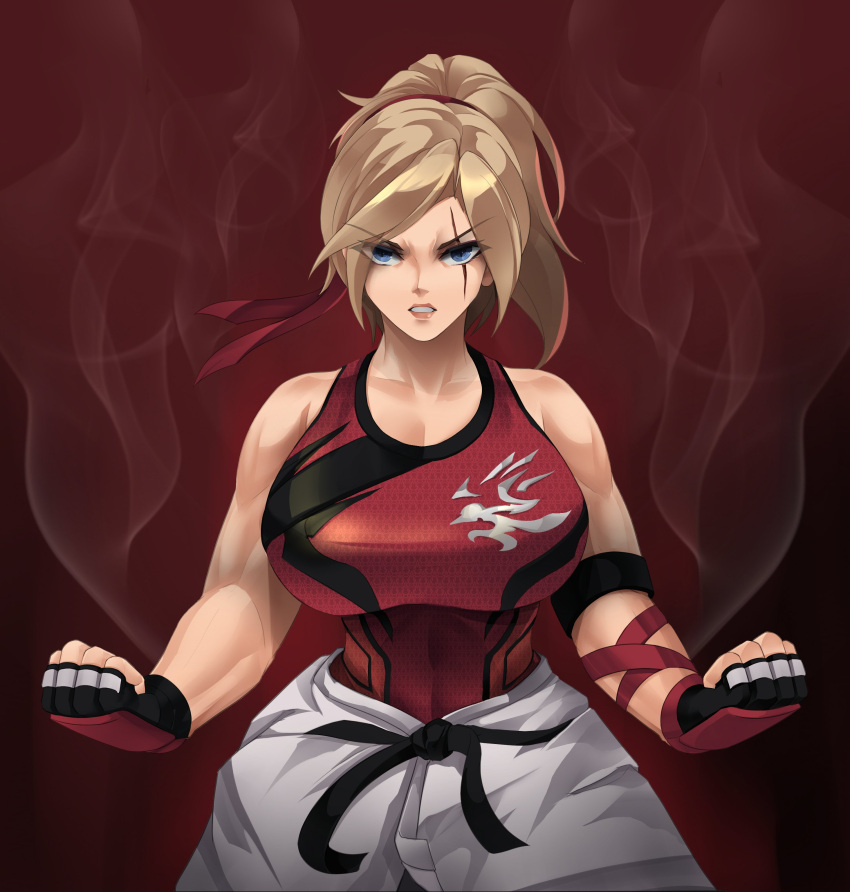 1girl absurdres alternate_breast_size arm_ribbon aura belt black_belt black_gloves blue_eyes breasts cleavage clenched_hands covered_abs dougi english_commentary fingerless_gloves gloves hairband headband highres huge_breasts karate karate_gi lidia_sobieska lips long_eyebrows medium_hair mismatched_eyebrows muscular muscular_female pockyland ponytail red_background red_hairband red_headband red_tank_top ribbon scar scar_across_eye single_elbow_pad solo tank_top tekken tekken_7