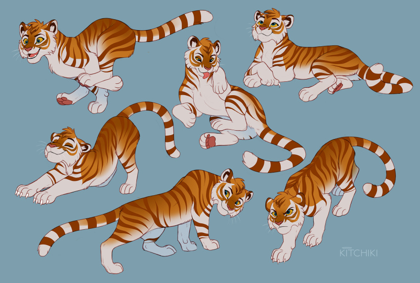 2021 4_toes black blue_eyes brown_stripes claws digital_media_(artwork) feet felid female feral fur hi_res kitchiki mammal open_mouth orange_body orange_fur pantherine smile solo striped_body striped_fur stripes teeth tiger toes tongue yellow_sclera