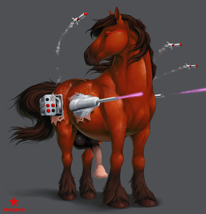 animal_genitalia animal_penis balls black_balls brown_hair equid equine equine_penis erection feral fetlocks genitals grey_background hair hi_res horse laser_gun machine male mammal medial_ring missile multicolored_penis muzzle_(marking) penis ranged_weapon red_eyes robot simple_background solo standing truegrave9 two_tone_penis vein weapon
