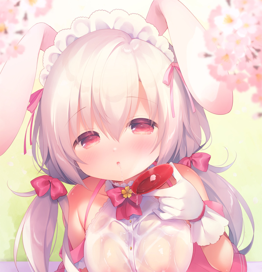 1girl :o animal_ears areolae bangs bare_shoulders blurry blurry_foreground bow breasts bunny_ears commentary_request cup depth_of_field drooling eyebrows_visible_through_hair flower gloves hair_between_eyes hair_bow highres holding holding_cup large_breasts long_hair looking_at_viewer low_twintails maid_headdress original parted_lips pink_flower red_bow red_eyes sakazuki saliva see-through shirt sleeveless sleeveless_shirt solo twintails upper_body usashiro_mani wet wet_clothes wet_shirt white_gloves white_hair white_shirt