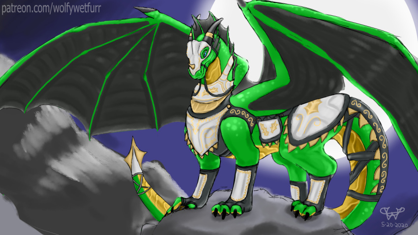 armor belly black_claws black_fin black_horn black_wings blue_eyes claws curved_horn digitigrade dragon fin green_body green_scales horn male membrane_(anatomy) membranous_wings multicolored_body scales two_tone_paws wings wolfywetfurr_(artist) yellow_belly yellow_body yellow_scales