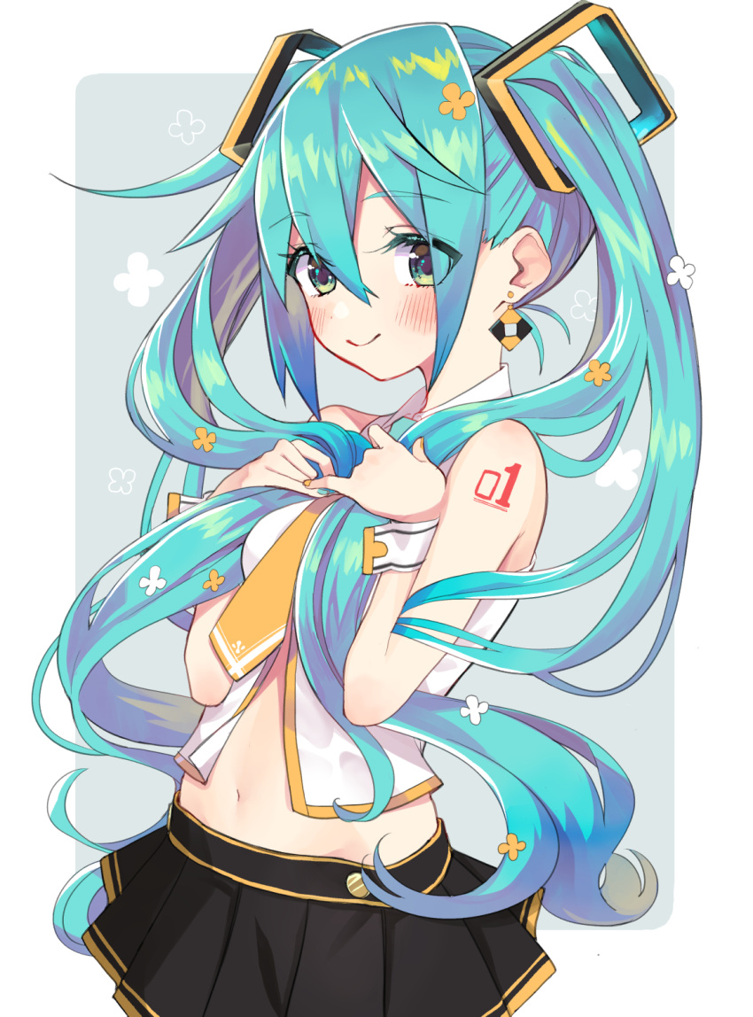 1girl aqua_eyes aqua_hair bare_shoulders black_skirt blush breasts earrings eyebrows_visible_through_hair eyes_visible_through_hair flower gold_trim hair_flower hair_ornament hatsune_miku highres itaboon jewelry long_hair looking_at_viewer nail_polish navel necktie shirt simple_background skirt smile solo tattoo twintails twintails_day very_long_hair vocaloid wrist_cuffs
