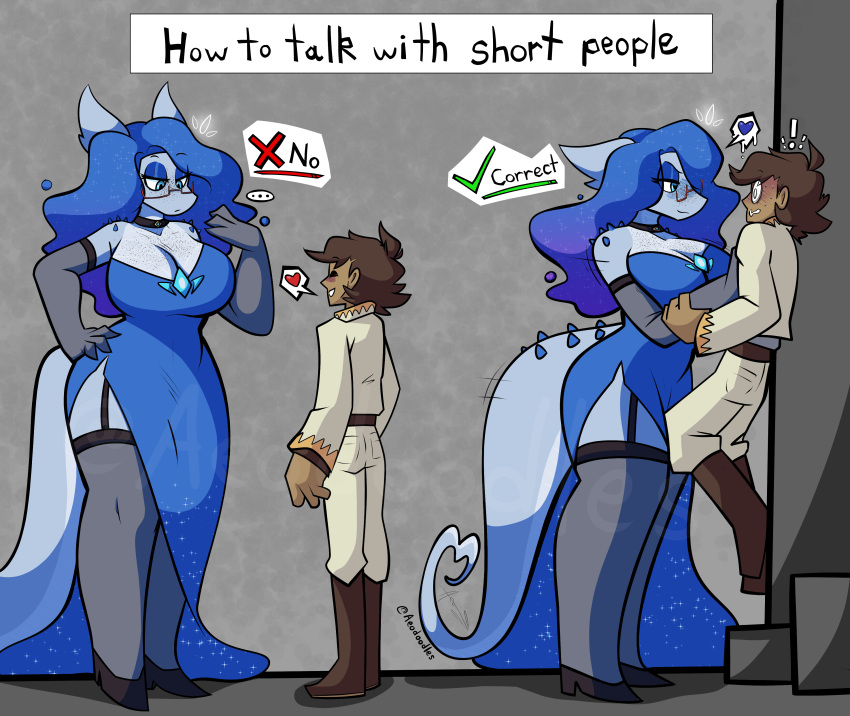 &lt;3 absurd_res aeodoodles anthro big_breasts breasts classy cleavage clothed clothing domination dragon dress duo english_text female female_domination fishnet freckles hi_res high_heels how_to_talk_to_short_people human male male/female mammal meme smile sparkly_dress speech_bubble text