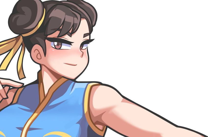 1girl alternate_costume brown_eyes brown_hair chun-li double_bun earrings face fighting_stance highres jewelry korean_text looking_at_viewer sagas293 smile stance street_fighter street_fighter_zero_(series) work_in_progress