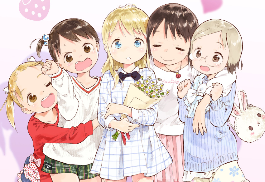 5girls :o ;d =_= ana_coppola angry animal_bag arm_around_shoulder arm_around_waist arm_up bag bangs barasui black_bow black_neckwear blonde_hair blue_dress blue_eyes blue_sweater blurry blush_stickers bouquet bow bowtie brown_eyes brown_hair bunny_bag chamomile clenched_hand clenched_hands closed_eyes closed_mouth clothes_writing collarbone collared_dress cowboy_shot d: depth_of_field dot_nose dress eye_contact eyebrows_visible_through_hair facing_viewer fang floral_print flower frills from_side glasses green_shorts grey_background grey_hair hair_bobbles hair_ornament hair_over_shoulder hair_ribbon hands_up head_tilt heart highres holding holding_bouquet hug hug_from_behind ichigo_mashimaro itou_chika itou_nobue jewelry leaning_forward light_brown_eyes long_hair long_sleeves looking_at_another looking_at_viewer looking_to_the_side looking_up matsuoka_miu multicolored_hair multiple_girls necklace official_art one_eye_closed open_mouth parted_bangs parted_lips pink_bow pink_skirt plaid plaid_dress plaid_shorts pleated_dress pleated_skirt polka_dot print_skirt puffy_long_sleeves puffy_sleeves red_ribbon red_shirt ribbed_sweater ribbon round_teeth sakuragi_matsuri semi-rimless_eyewear shadow shiny shiny_hair shiny_skin shirt short_hair short_twintails shorts shoulder_bag siblings side_ponytail sisters skirt sleeve_cuffs smile sweat sweater swept_bangs tareme teeth twintails two-tone_hair under-rim_eyewear upper_teeth v-shaped_eyebrows white_bow white_flower white_shirt white_sweater wing_collar yellow_skirt