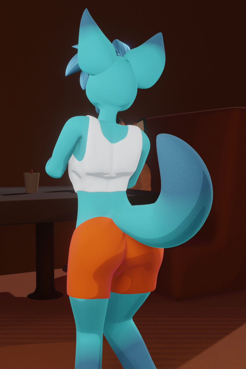 3d_(artwork) anthro blue_body blue_fur blue_hair bottomwear bulge butt canid canine clothing digital_media_(artwork) dipstick_tail femboy_hooters fox fur girly hair hi_res male mammal markings multicolored_tail solo topwear username-password username_(character)