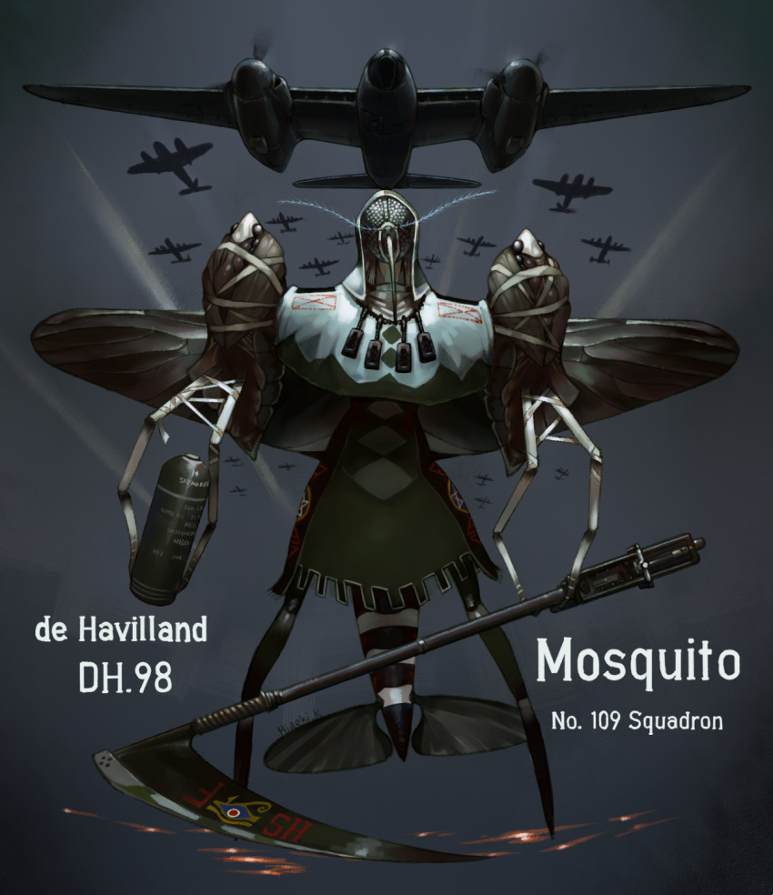 2020 aircraft airplane ambiguous_gender arthropod biped dipteran english_text hi_res hideki_kaneda holding_object holding_weapon insect machine melee_weapon mosquito polearm robot scythe solo standing text weapon wings