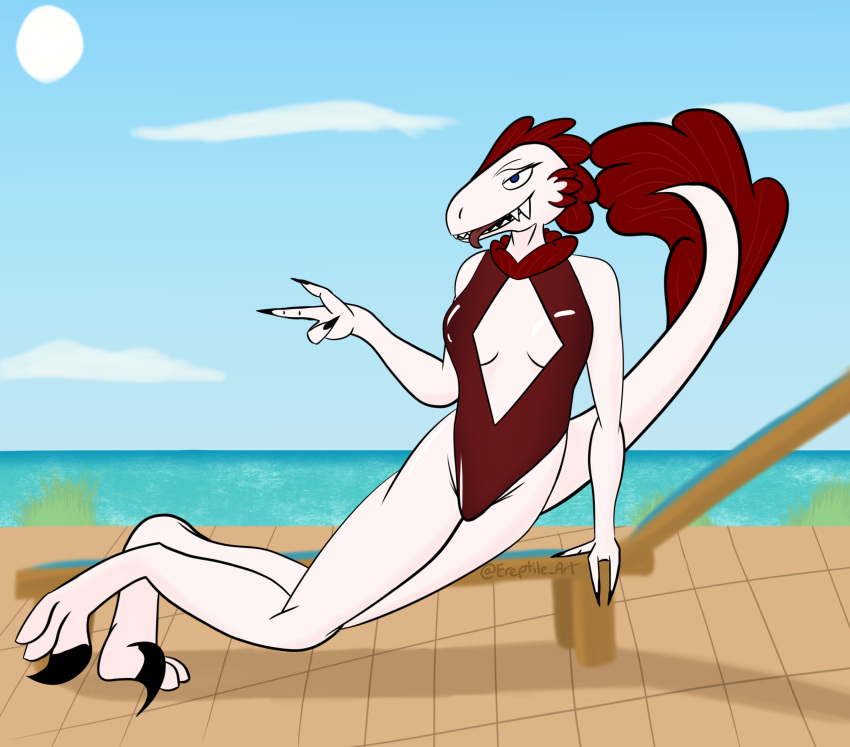 absurd_res anthro beach black_nails clawed_toes claws clothing colored_nails dinosaur dromaeosaurid ereptile_art feathers female hair hi_res nails neck_tuft red_body red_clothing red_feathers red_hair reptile scalie sea seaside sky solo sunbathing swimwear tail_feathers teeth theropod tongue tongue_out tuft velociraptor water white_body white_skin