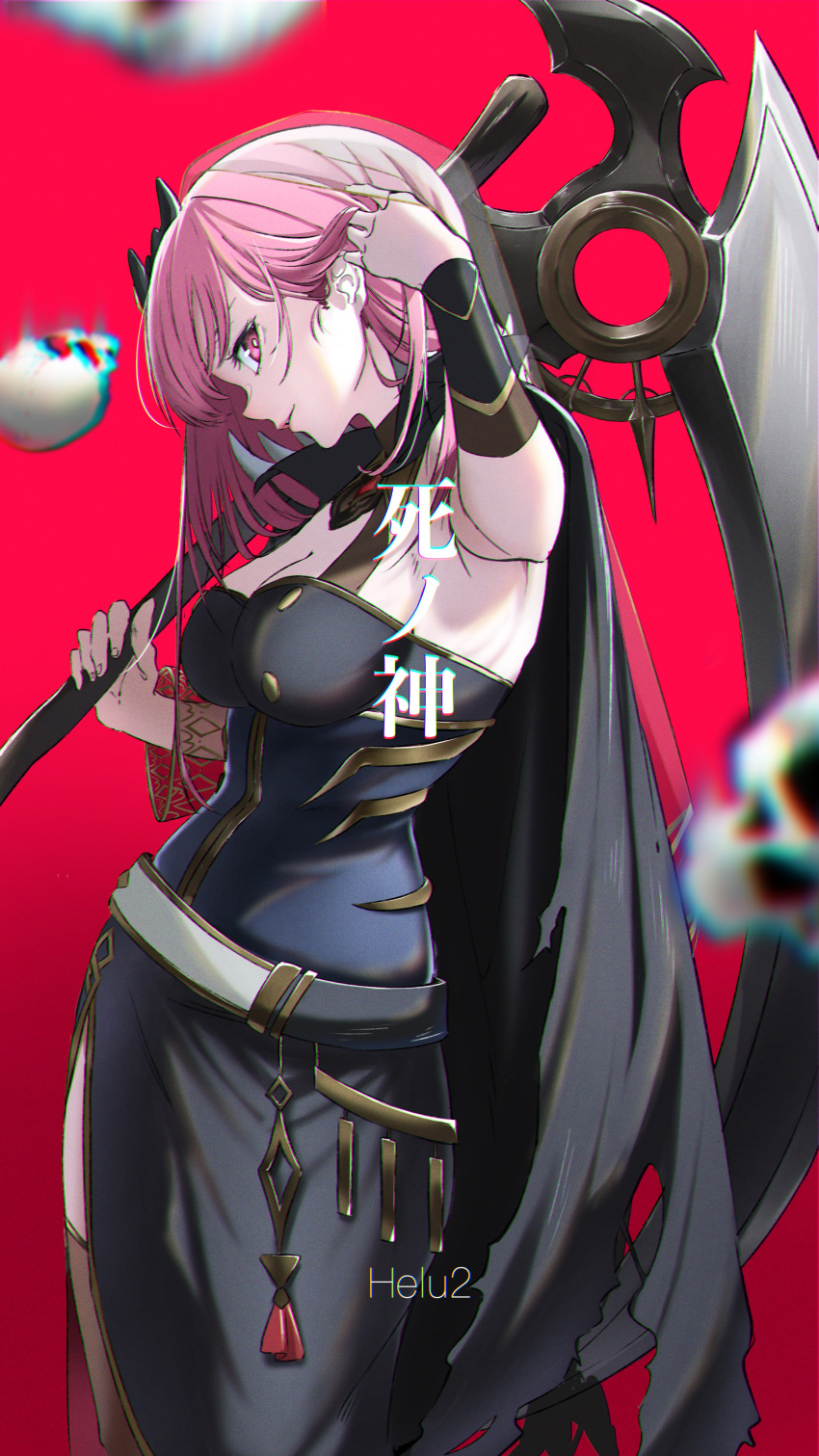 1girl absurdres artist_name bangs black_cloak black_dress black_legwear bracelet breasts cleavage cloak dress from_side glance hair_behind_ear highres holding holding_scythe hololive hz_(helu_2) jewelry large_breasts long_hair mori_calliope over_shoulder pink_eyes pink_hair red_background scythe side_slit smile solo tassel thighhighs virtual_youtuber weapon weapon_over_shoulder