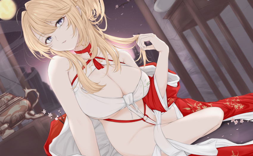 1girl azur_lane bare_shoulders blonde_hair blue_eyes breasts chinese_clothes choker cleavage cleavage_cutout clothing_cutout dress full_moon glorious_(azur_lane) glorious_(pungent_plum)_(azur_lane) hair_ornament hair_stick highres indoors kanzashi large_breasts long_hair moon neckwear night night_sky official_alternate_costume open_clothes open_dress peneropeneropenne red_choker red_dress sky solo tied_hair
