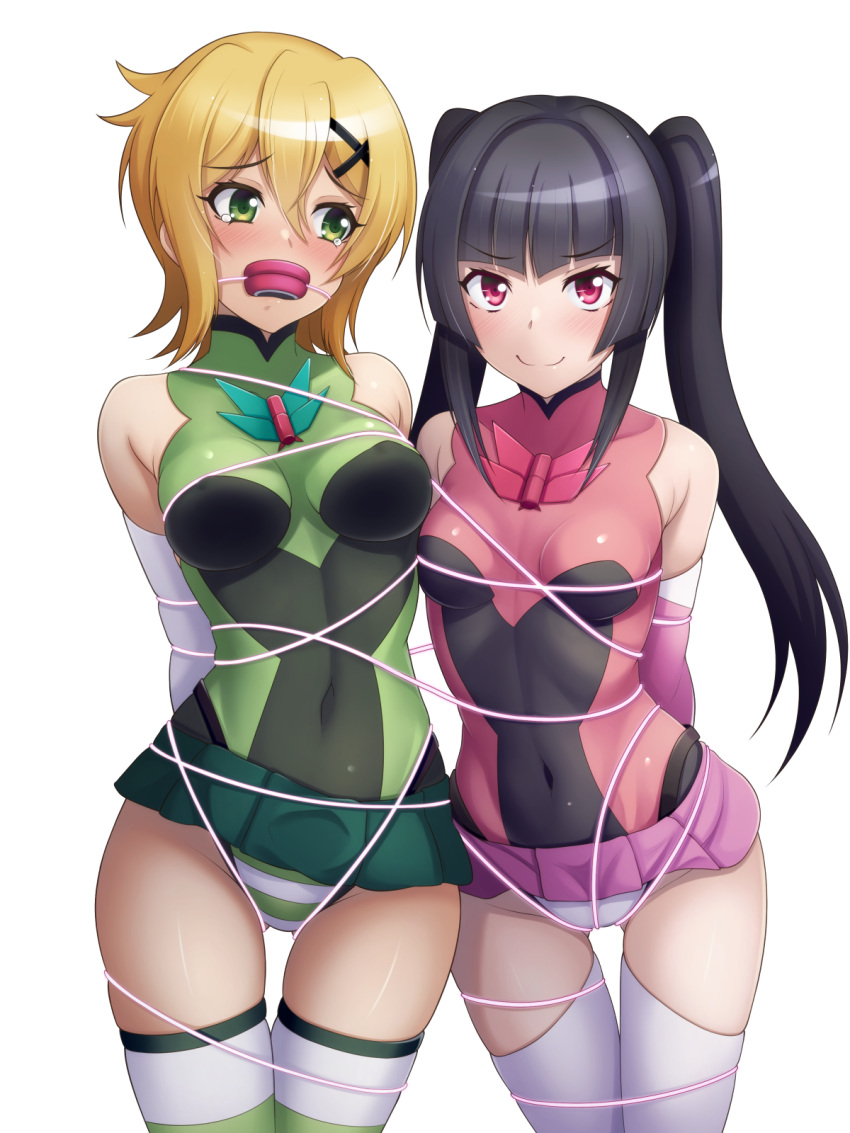 2girls akatsuki_kirika alfort_(may0508) arms_behind_back bangs bdsm black_hair blonde_hair blunt_bangs bondage bound bound_arms breasts covered_navel gag gagged green_eyes green_leotard hair_ornament highres improvised_gag leotard long_hair medium_breasts multiple_girls pink_eyes pink_leotard restrained senki_zesshou_symphogear shiny shiny_clothes shiny_hair shiny_skin short_hair simple_background skirt small_breasts standing striped striped_legwear thighhighs tsukuyomi_shirabe twintails white_background x_hair_ornament