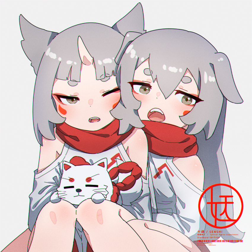 2girls animal animal_ears bangs bare_shoulders blush brown_eyes commentary_request dog_ears dress eyebrows_visible_through_hair facial_mark fangs feet_out_of_frame grey_background grey_hair hair_between_eyes highres knees_up komainu kuro_kosyou long_hair multiple_girls one_eye_closed open_mouth original red_scarf scarf short_eyebrows simple_background sitting thick_eyebrows upper_teeth very_long_hair white_dress