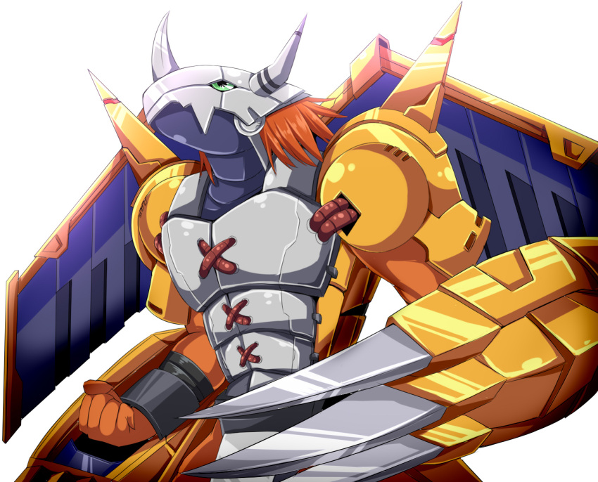 armor breastplate brown_hair claws clenched_hand commentary_request digimon digimon_(creature) digimon_adventure from_side green_eyes helmet horns looking_up pandacross simple_background solo wargreymon white_background wings