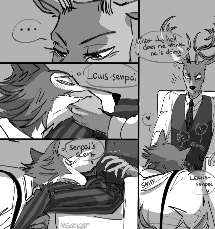 &lt;3 ... 2019 5_fingers anthro anthro_on_anthro antlers beastars bedroom_eyes biped blush canid canine canis cervid cervine clothed clothing comic crotch_sniffing dress_shirt english_text eyelashes eyes_closed fingers fur greyscale head_grab hi_res horn legoshi_(beastars) long_eyelashes louis_(beastars) male male/male mammal mane monochrome multicolored_body multicolored_fur musk narrowed_eyes necktie nekokat42 onomatopoeia red_deer seductive shirt signature size_difference small_dom_big_sub sniffing sound_effects surprise suspenders text thought_bubble topwear two_tone_body two_tone_fur vest watermark wolf