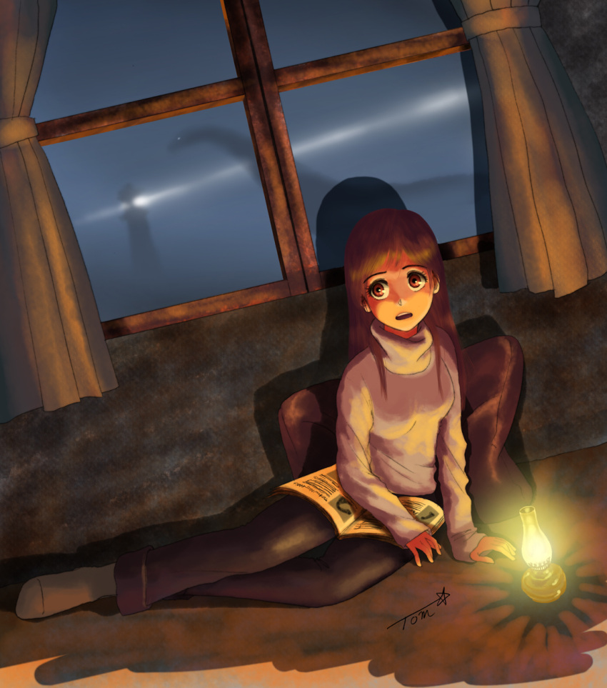 1girl bangs black_pants book brown_hair chutohampa cryptid curtains glowing grey_sweater highres lamp lighthouse loch_ness_monster long_hair long_sleeves open_book original pants signature socks solo sweater turtleneck turtleneck_sweater window