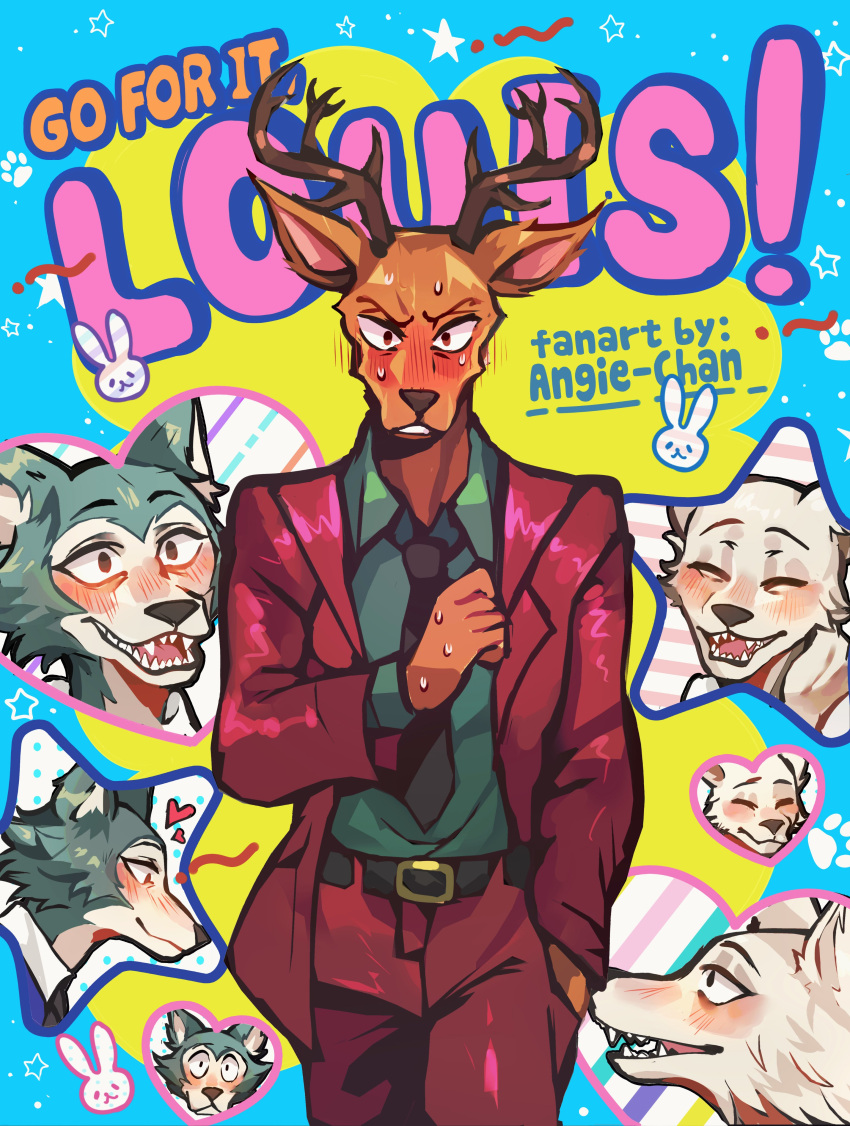 &lt;3 absurd_res angienekoblue anthro beastars blush bodily_fluids canid canine canis cervid cervine clothing colorful colorful_background crossover crush duo english_text go_for_it_nakamura hi_res legoshi_(beastars) louis_(beastars) male mammal paws red_deer shaking star suit sweat text trembling wolf