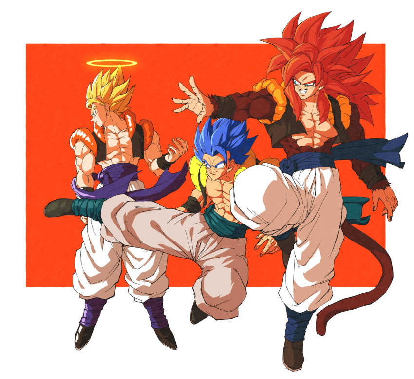 3boys abs bare_pecs biceps black_footwear blonde_hair blue_eyes blue_hair brown_fur dragon_ball dragon_ball_gt dragon_ball_super dragon_ball_super_broly dragon_ball_z fusion fusion_dance gogeta highres metamoran_vest monkey_boy monkey_tail multiple_boys muscular muscular_male no_nipples pants red_fur red_hair relio_db318 spiked_hair super_saiyan super_saiyan_1 super_saiyan_4 super_saiyan_blue tail white_pants