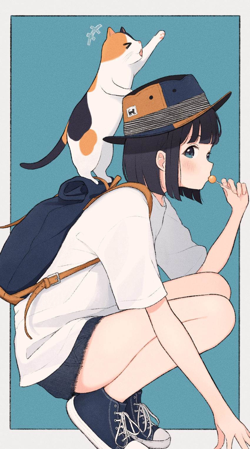 1girl 1ssakawaguchi absurdres backpack bag black_hair blue_eyes bob_cut candy cat cat_on_person food hat highres lollipop original profile shirt shoes short_hair short_shorts shorts sneakers squatting t-shirt