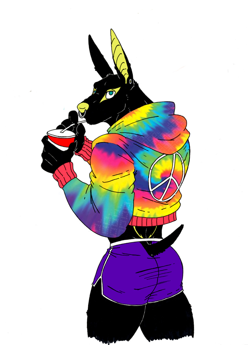 absurd_res anthro big_butt black_body butt canid canine canis clothing egyptian hi_res jackal khaleb_(character) khaleb_(sybervenn) lgbt_pride male mammal mouthless muscular muscular_male percings rainbow soda_bottle solo sybervenn tattoo tight_clothing