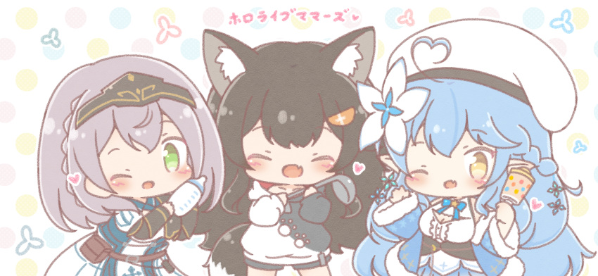 3girls ahoge animal_ear_fluff animal_ears baby_bottle bangs beret black_hair blue_hair bottle chibi closed_eyes commentary_request flower green_eyes hair_flower hair_ornament hat heart heart_ahoge highres holding holding_bottle holding_rattle holding_spatula hololive long_hair mitarashi_neko multiple_girls one_eye_closed ookami_mio open_mouth polka_dot polka_dot_background rattle shirogane_noel silver_hair spatula tail virtual_youtuber white_headwear wolf_ears wolf_tail yellow_eyes yukihana_lamy