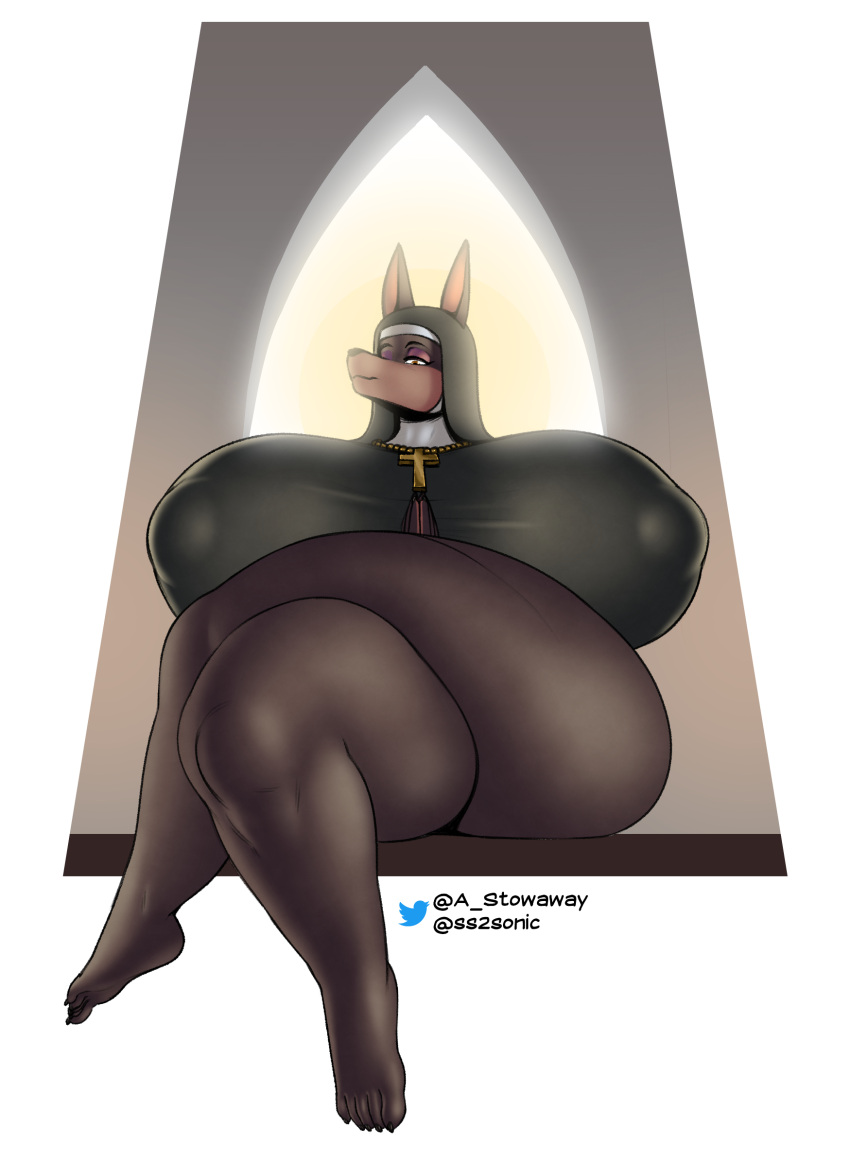 anthro big_breasts breasts canid canine canis crossed_legs dobermann domestic_dog female hi_res huge_breasts laverne_(sssonic2) mammal nipple_outline nun pinscher solo stowaway thick_thighs