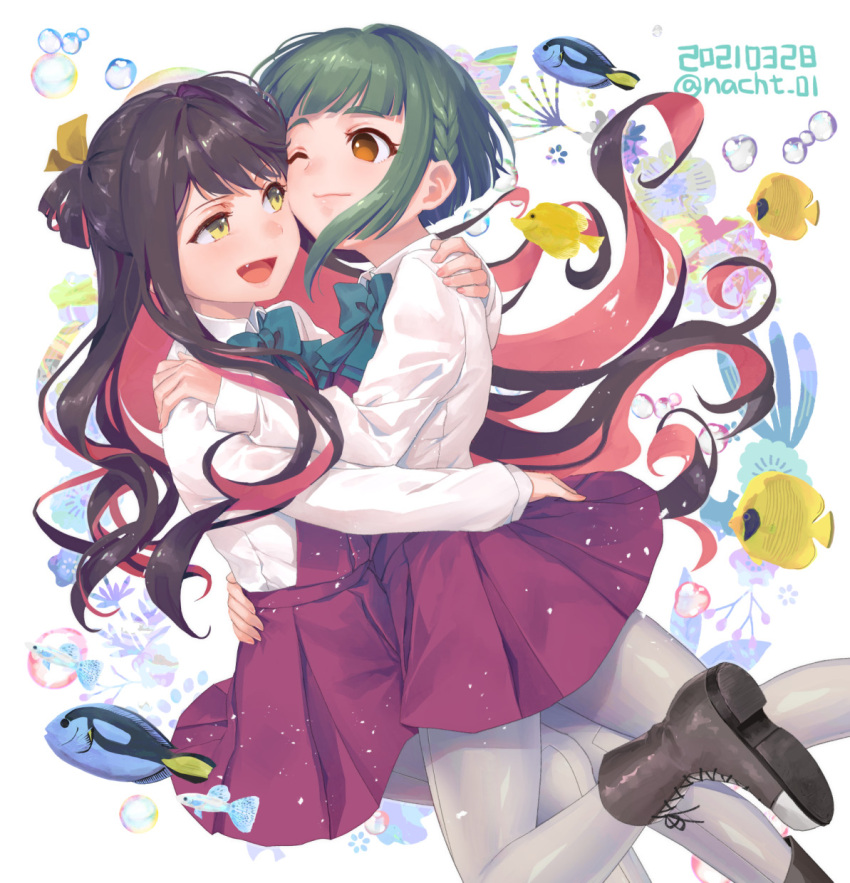 2girls aqua_neckwear bangs banned_artist black_hair boots bow bowtie bubble cross-laced_footwear dated dress fang fish green_hair grey_legwear highres hug kantai_collection lace-up_boots long_hair long_sleeves multicolored_hair multiple_girls nacht naganami_(kancolle) one_eye_closed open_mouth orange_eyes pantyhose pink_hair purple_dress school_uniform shirt short_hair sidelocks simple_background smile takanami_(kancolle) twitter_username two-tone_hair white_background white_shirt yellow_eyes