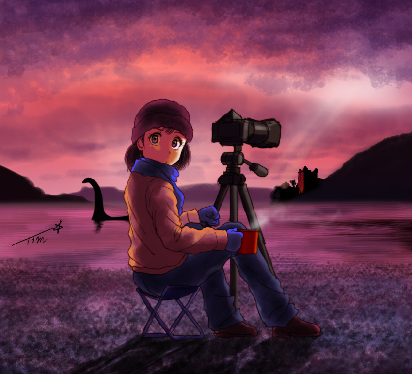 1girl blue_gloves blue_pants blue_scarf brown_jacket camera castle chutohampa cloud cryptid from_behind gloves hat jacket loch_ness_monster long_sleeves looking_at_viewer looking_back original pants red_theme reflection scarf signature solo steam water