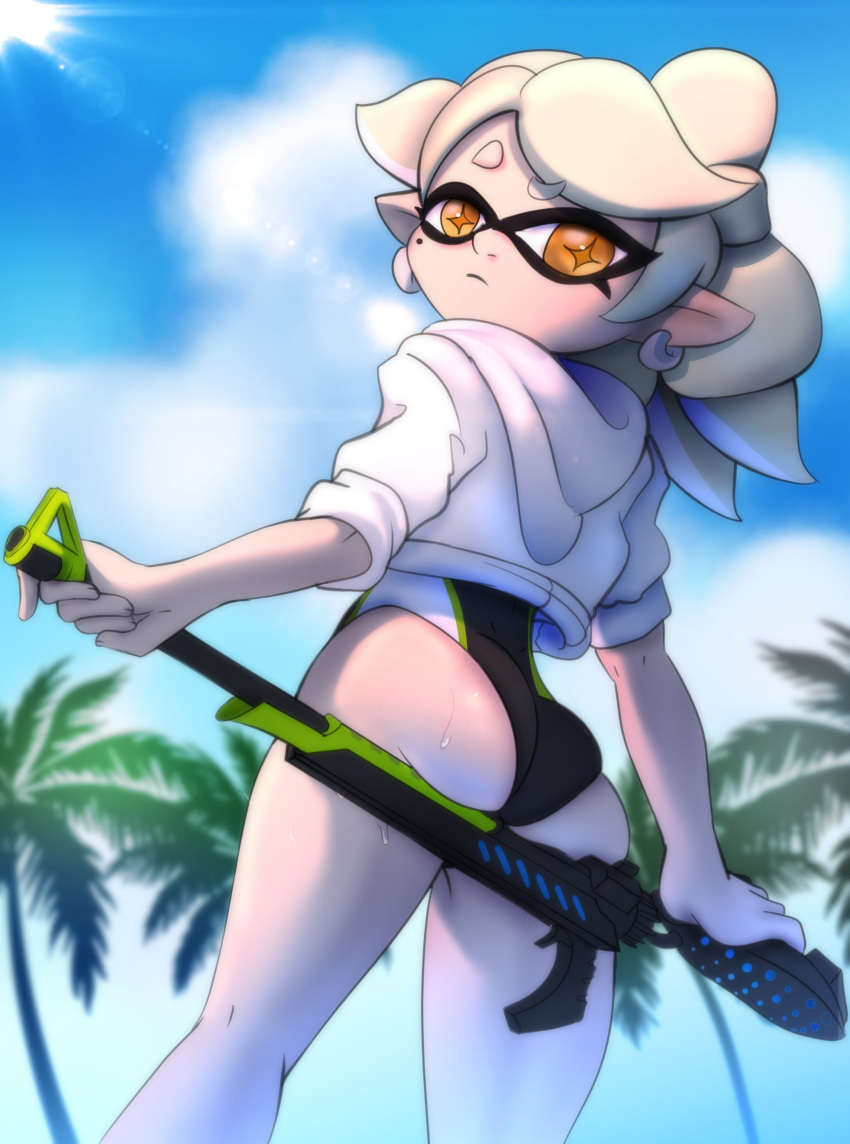 +_+ 1girl absurdres ass bow closed_mouth cloud deep_skin domino_mask earrings expressionless eyebrows_visible_through_hair from_below gun highres holding holding_gun holding_weapon idol jacket jacket_over_swimsuit jewelry light_rays looking_at_viewer marie_(splatoon) mask mole mole_under_eye one-piece_swimsuit outdoors palm_tree pointy_ears raised_eyebrows rifle short_hair skindentation sniper_rifle solo splatoon_(series) squid sunlight swimsuit tentacle_hair tobitobi90art tree weapon white_jacket