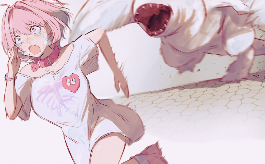 1girl ahoge aqua_eyes bangs breasts collar crying fang hair_between_eyes hamachamu highres idolmaster idolmaster_cinderella_girls khezu monster monster_hunter_(series) multicolored_hair open_mouth pink_collar pink_eyes pink_hair running scrunchie shirt short_hair short_sleeves simple_background t-shirt tears teeth white_background white_shirt wrist_scrunchie yumemi_riamu