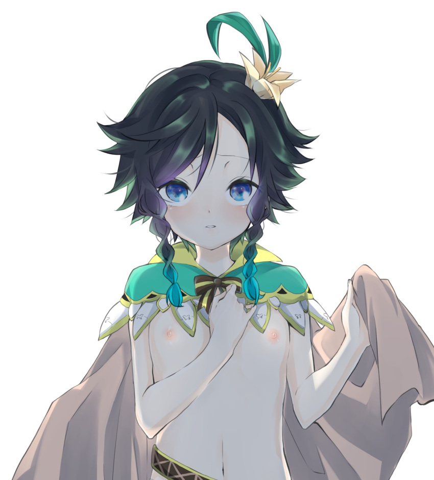 1boy androgynous bangs black_hair blue_eyes blue_hair bow braid cape collared_cape flower genshin_impact gradient_hair hair_flower hair_ornament highres holding holding_cape leaf looking_at_viewer male_focus midriff multicolored_hair naked_cape navel nipples open_mouth short_hair_with_long_locks simple_background solo tatsu_(all666dead) twin_braids venti_(genshin_impact) white_background white_flower