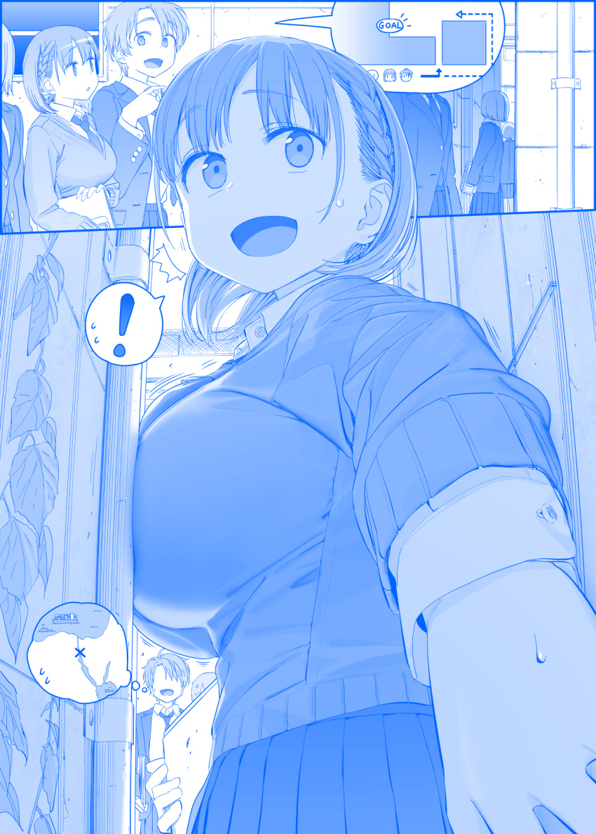 ! 4girls ai-chan_(tawawa) alley bangs blazer blue_theme book braid breasts commentary getsuyoubi_no_tawawa highres himura_kiseki holding holding_book inconvenient_breasts jacket large_breasts map multiple_girls necktie open_mouth pleated_skirt short_hair skirt spoken_exclamation_mark sweat sweatdrop sweater thinking volley-bu-chan_(tawawa)