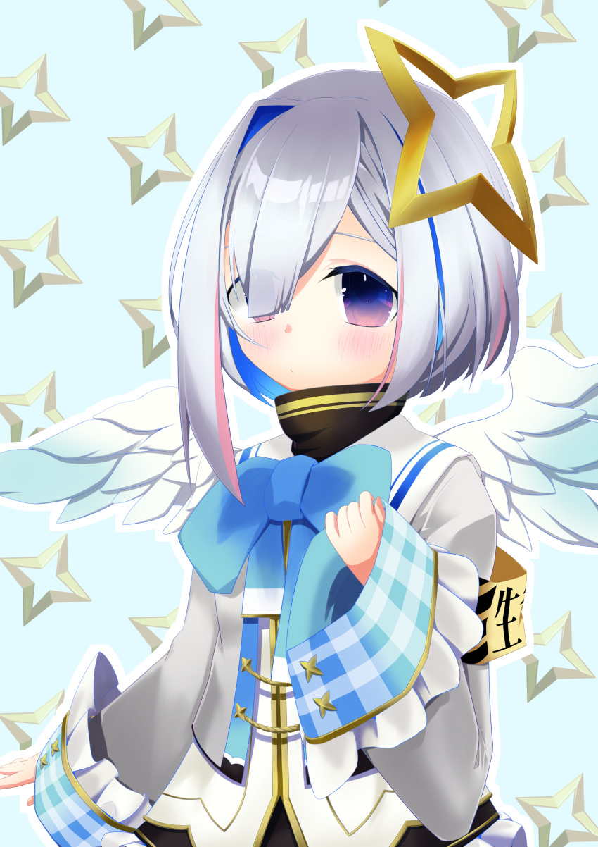 1girl absurdres aiguillette akana amane_kanata angel angel_wings armband asymmetrical_bangs asymmetrical_hair bangs black_dress blue_eyes blue_hair blue_neckwear blue_wings blush bob_cut bow bowtie colored_inner_hair cropped_jacket dress feathered_wings frilled_dress frills gingham gradient gradient_eyes gradient_wings grey_jacket hair_over_one_eye halo highres hololive jacket long_sleeves looking_at_viewer multicolored multicolored_eyes multicolored_hair multicolored_wings pink_eyes pink_hair purple_eyes sailor_collar shirt short_dress short_hair silver_hair single_hair_intake sleeve_cuffs sleeve_hold sleeves_folded_up sleeves_past_wrists solo star_halo streaked_hair turtleneck turtleneck_dress upper_body virtual_youtuber white_shirt white_wings wide_sleeves wings