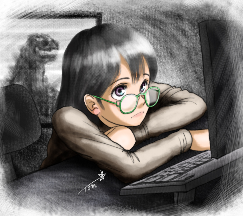 1girl bangs black_eyes black_hair brown_shirt chair chutohampa glasses glowing green-framed_eyewear hikikomori keyboard_(computer) long_hair long_sleeves original shirt signature solo upper_body