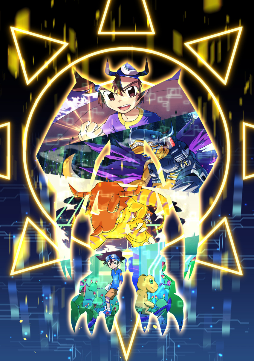 1boy :d agumon android armor bbb_(fabio8552) blue_shirt brown_hair claws commentary_request digimon digimon_(creature) digimon_adventure: gloves glowing glowing_eyes goggles goggles_on_head greymon hand_up hat helm helmet highres horns long_hair metalgreymon multicolored multicolored_background numemon open_mouth orange_shorts pants sharp_teeth shining shirt shorts smile standing t-shirt teeth upper_teeth wargreymon white_gloves wings yagami_taichi