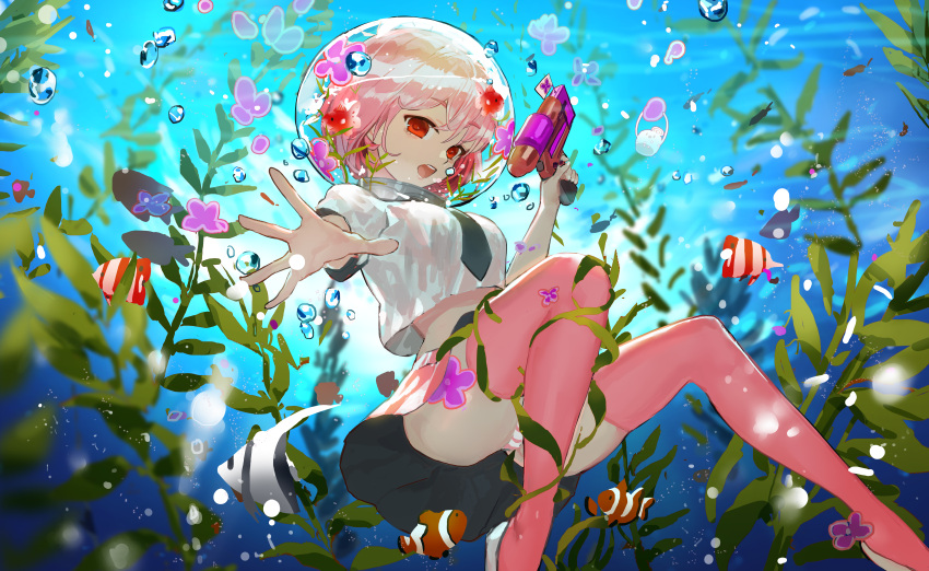 1girl absurdres clownfish cropped_shirt danann eyebrows_visible_through_hair fish grey_neckwear helmet highres holding holding_water_gun huge_filesize looking_at_viewer midriff necktie open_mouth original pink_hair pink_legwear pink_skirt plant pleated_skirt red_eyes shirt skirt solo thighhighs underwater water_gun white_shirt