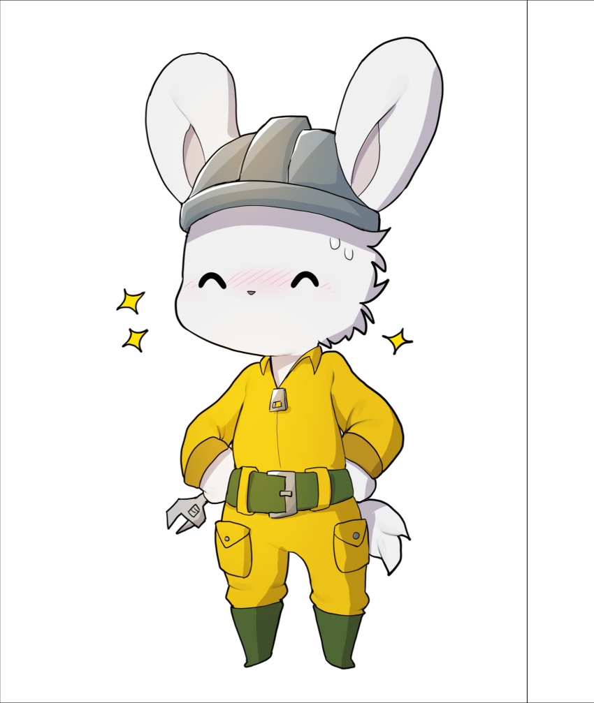 anthro anthrofied armor belt blush bodily_fluids boots chibi clothing construction_worker_(evil_genius) coveralls evil_genius eyes_closed footwear fur hands_on_hips hard_hat headgear helmet hi_res holding_object jumpsuit lagomorph leporid male mammal mouthless rabbit ripy simple_background solo sparkles sweat tools white_background white_body white_fur wrench yellow_clothing