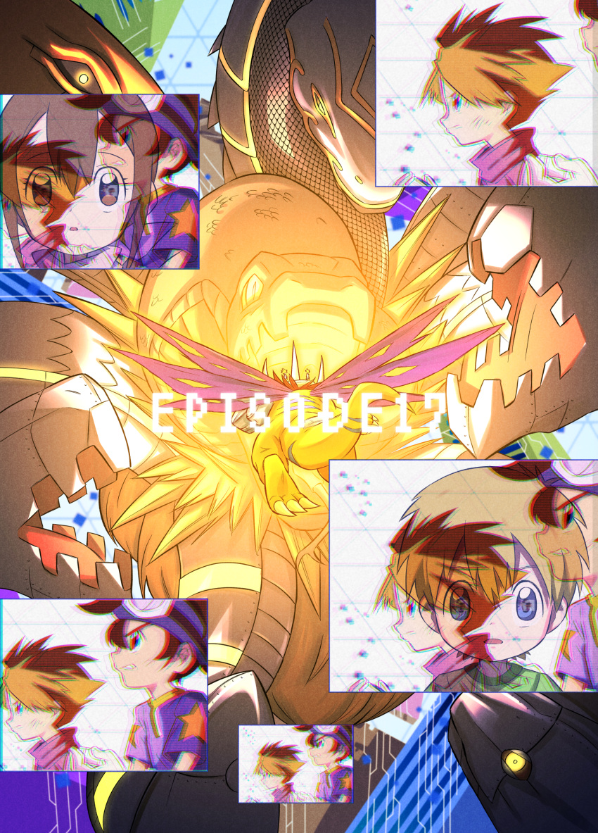 1girl 3boys absurdres bangs bbb_(fabio8552) blue_shirt brown_hair building character_request commentary_request digimon digimon_adventure: episode_number from_side giant goggles goggles_on_head green_shirt highres ishida_yamato looking_at_viewer metalgreymon monster multiple_boys open_mouth orange_hair parted_lips portrait shirt short_hair short_sleeves spoilers takaishi_takeru teeth torn_wings transparent wings yagami_hikari yagami_taichi